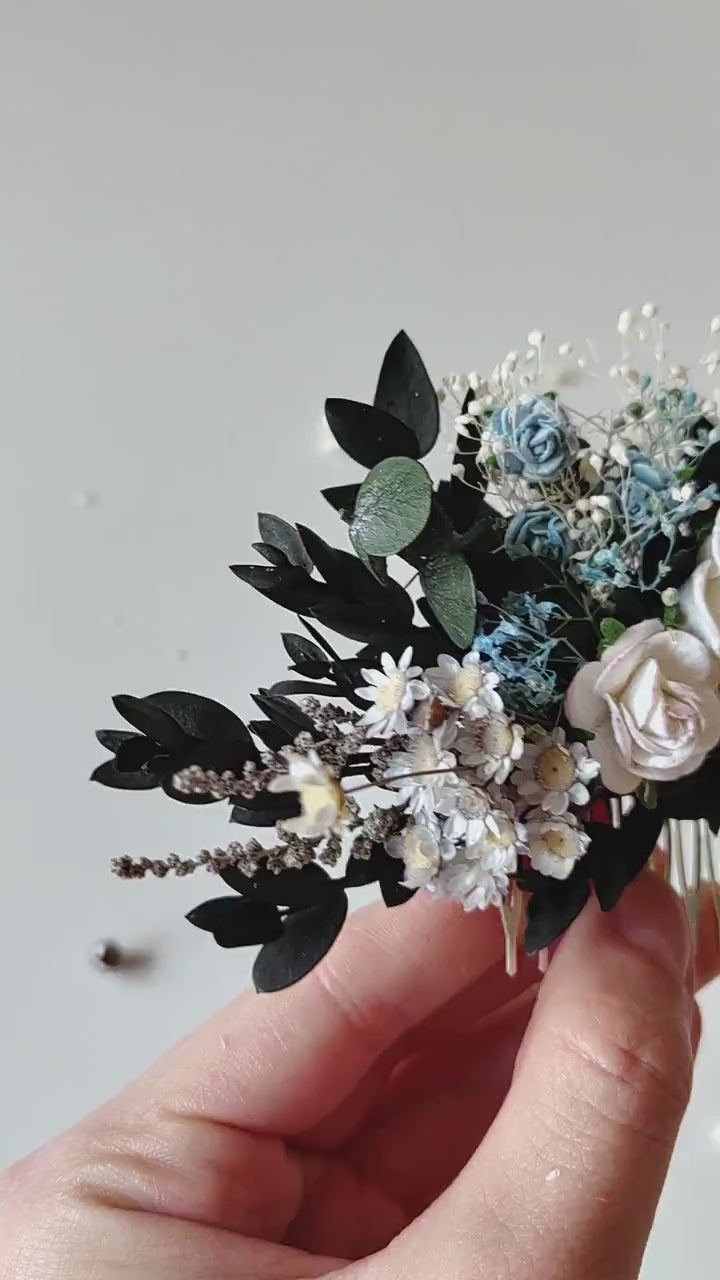 White & Blue Rose Bridal Hair Comb: Cottagecore Wedding Accessory