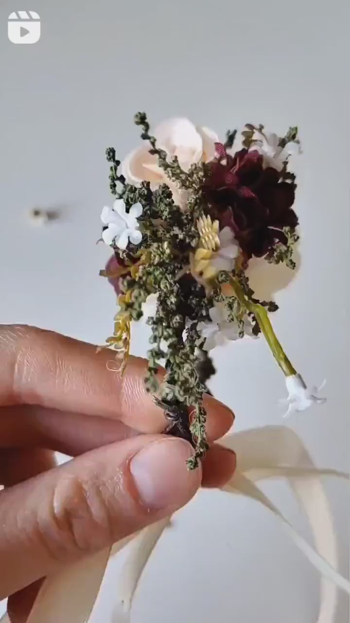 Burgundy Flower Bracelet with Ribbon: Romantic Bridal Corsage