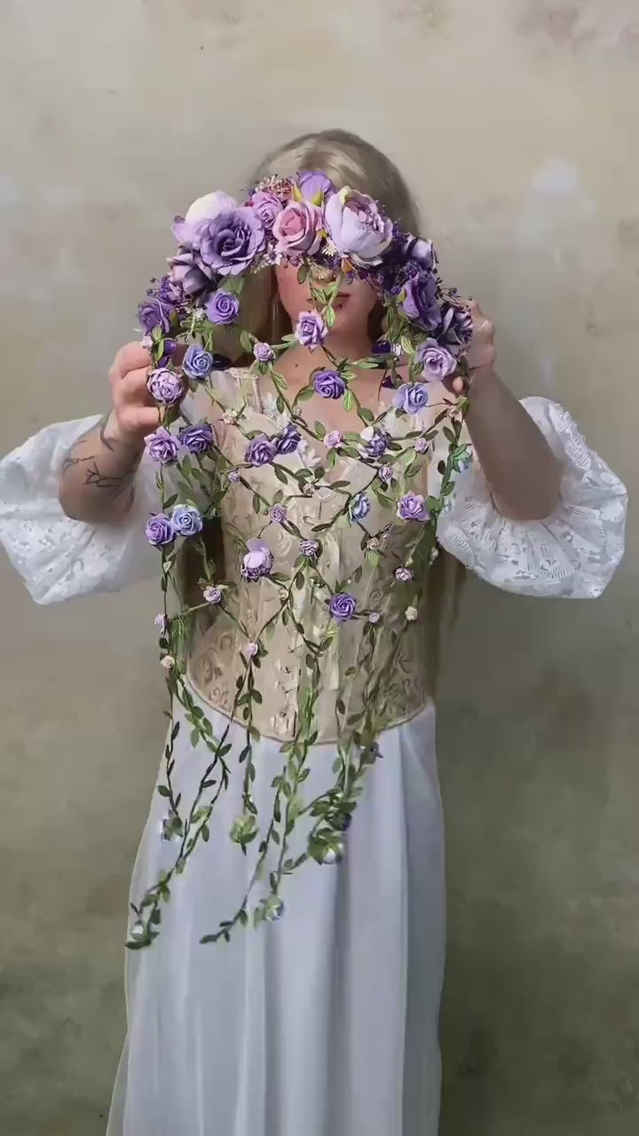Purple Flower Headband with Veil: Boho Bridal Headpiece