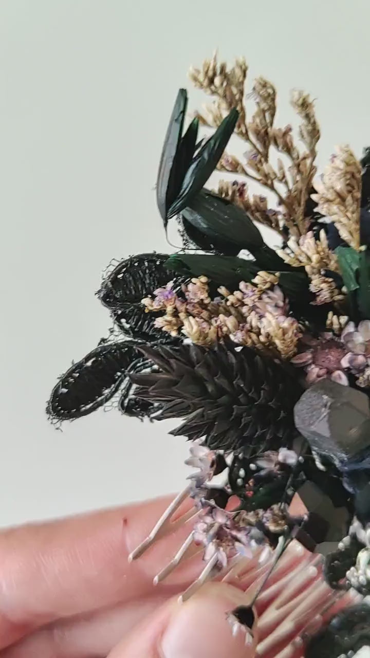 Black Flower Hair Comb: Gothic Wedding Crystal Hair Accessory