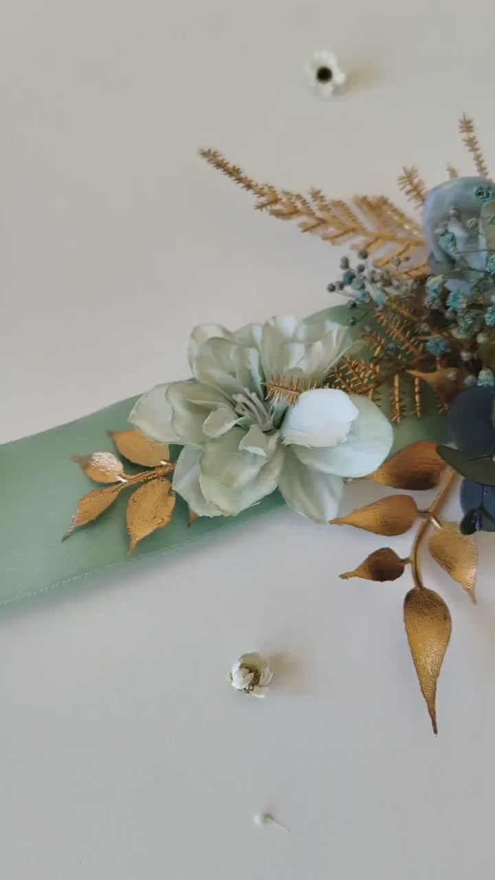 Mint Ribbon Flower Bridal Belt: Gold Accent Wedding Sash