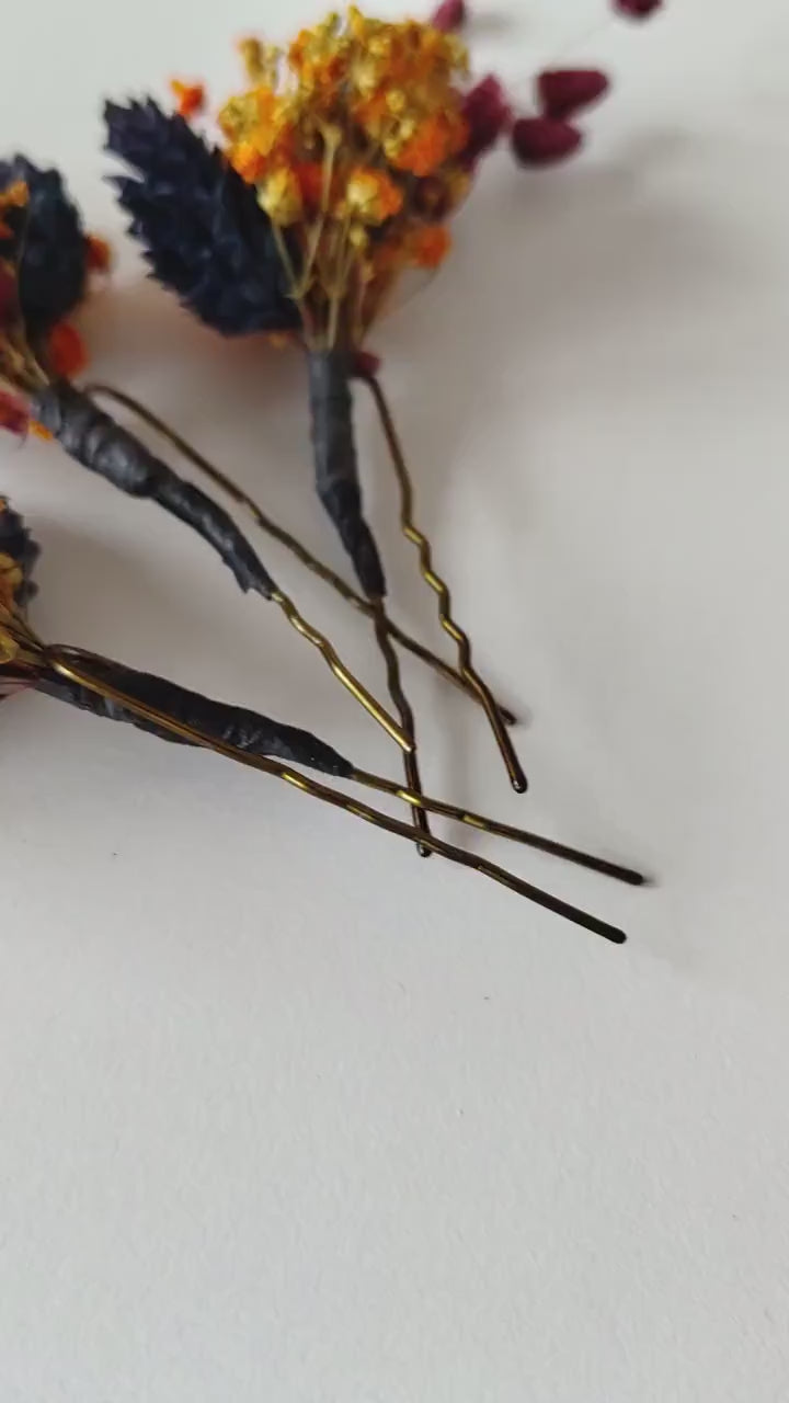 Autumn Flower Hair Pins: Burnt Orange & Navy Wedding Hair Flowers