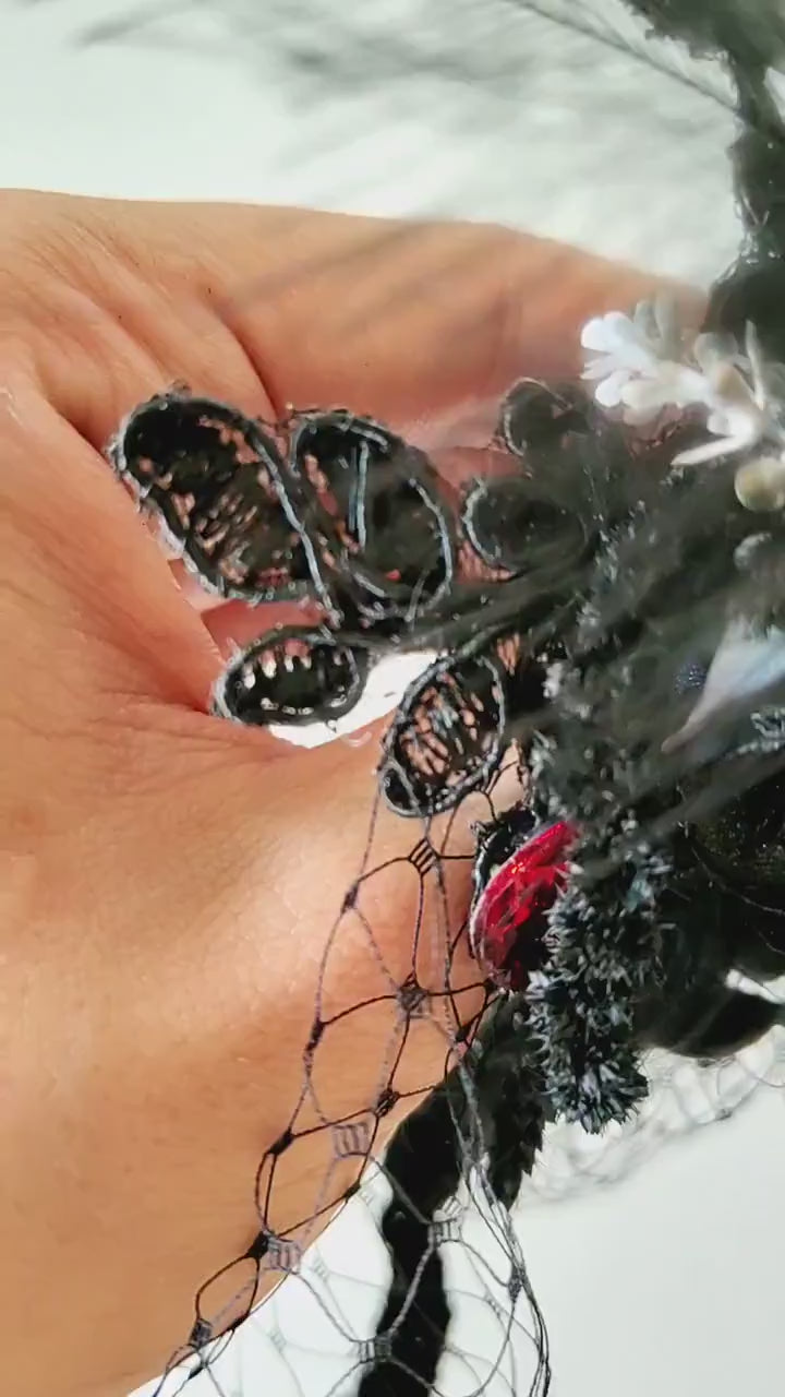 Gothic Wedding Fascinator: Black & White Rose Hair Clip with Birdcage Veil