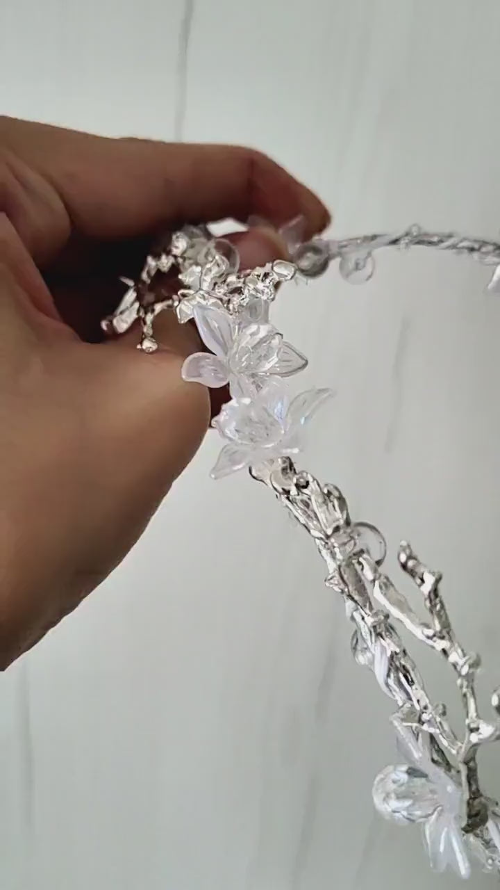 Winter Wedding Tiara: Transparent Flower Fairy Crown with Veil