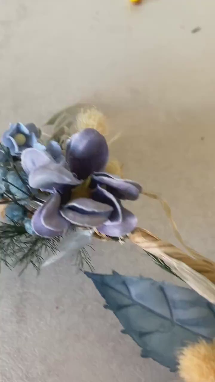 Blue Floral Bridal Hair Vine with Veil: Boho Wedding Hair Flowers
