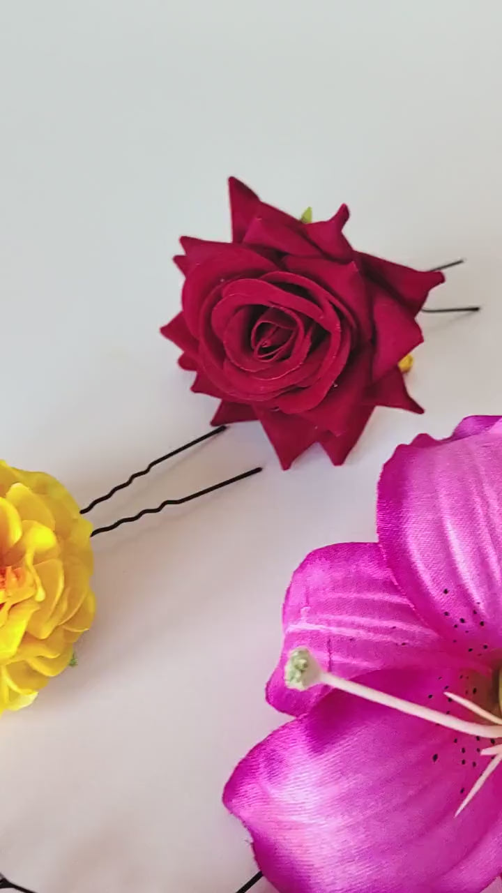 Frida Flower Hair Clips: Colorful Floral Hairpins, Boho Wedding