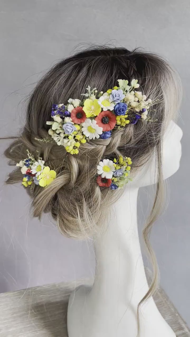 Folk Meadow Flower Hair Comb & Pins: Poppy Daisy Wedding Accessories