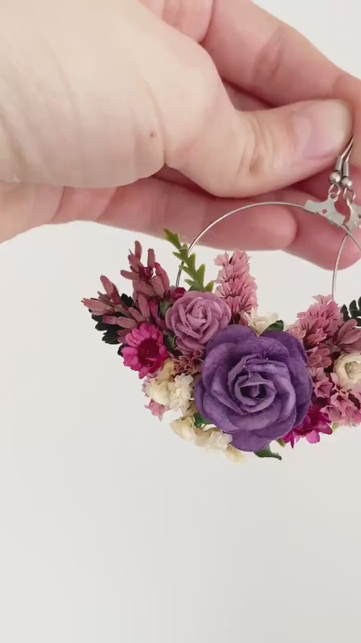 Purple Flower Circle Earrings: Bridal Wedding Jewelry