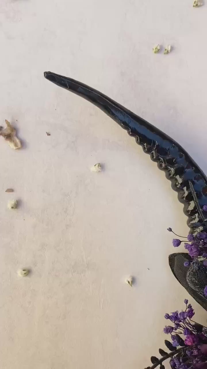 Purple Horns Flower Crown: Gothic Witch Headpiece, Pagan Samhain