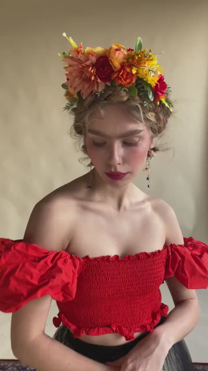 Sunset Dahlia Flower Crown: Frida Headband, Mexican Wedding Headpiece