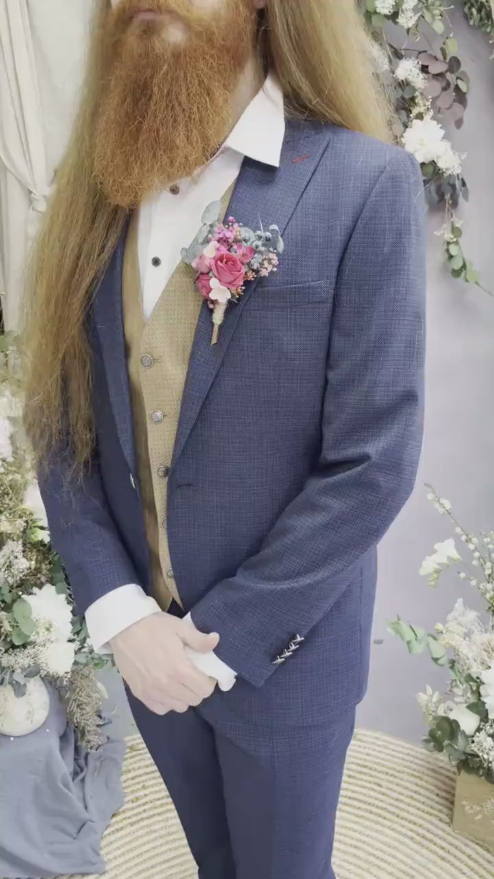 Magenta Rose Groom Corsage: Eucalyptus Wedding Boutonniere