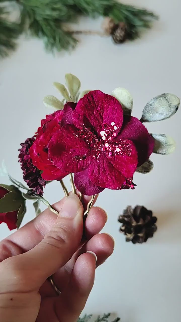 Burgundy Flower Hairpins: Christmas Wedding Hair Accessories