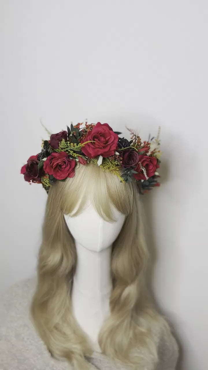 Red Rose Bridal Crown: Burgundy Flower Half Wreath Headpiece