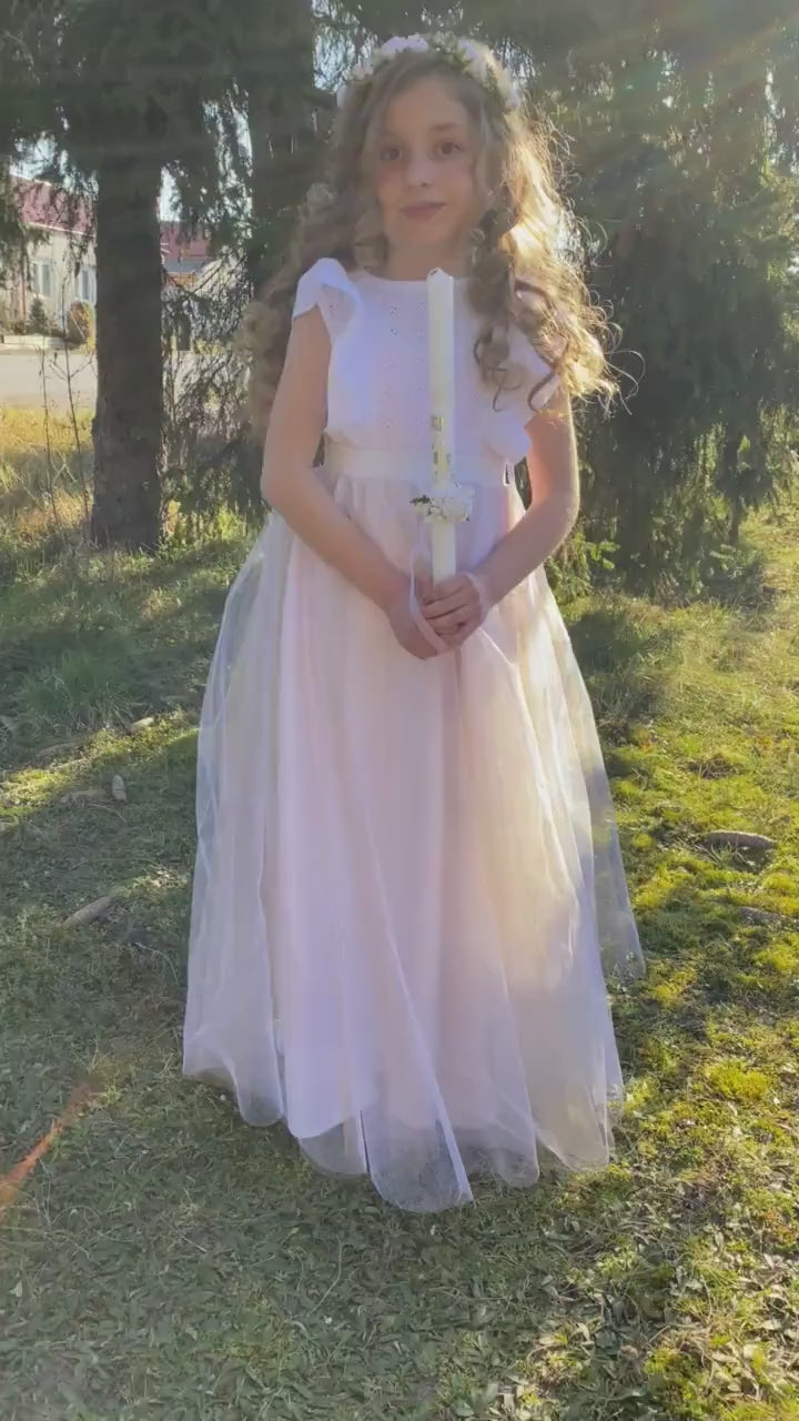 White Flower Girl Headpiece: Holy Communion Hair Wreath with Veil