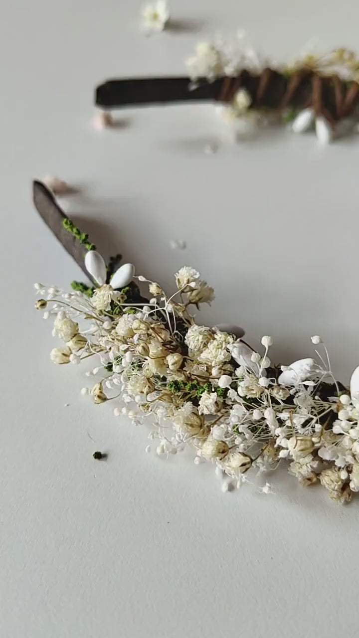 Beige Dried Flower Headband: Rustic Gypsophila Wedding Hairpiece