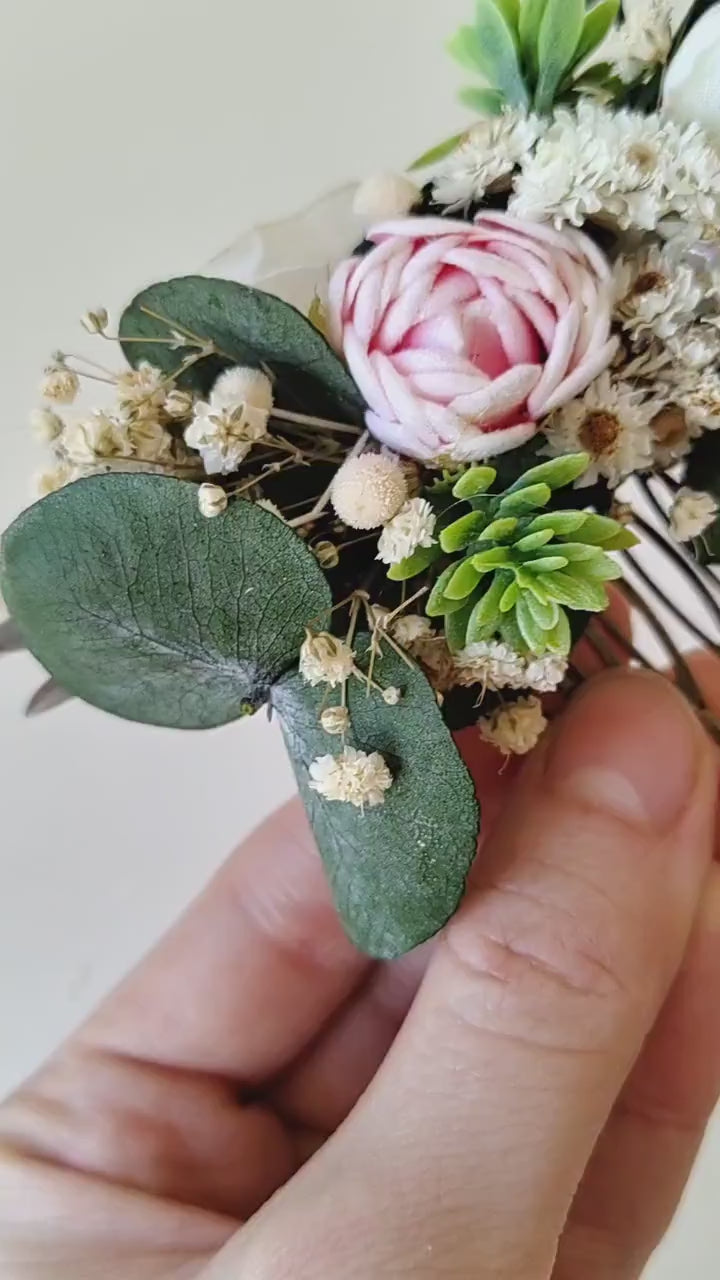Eucalyptus Peony Wedding Hair Comb: Pastel Floral Hair Jewellery