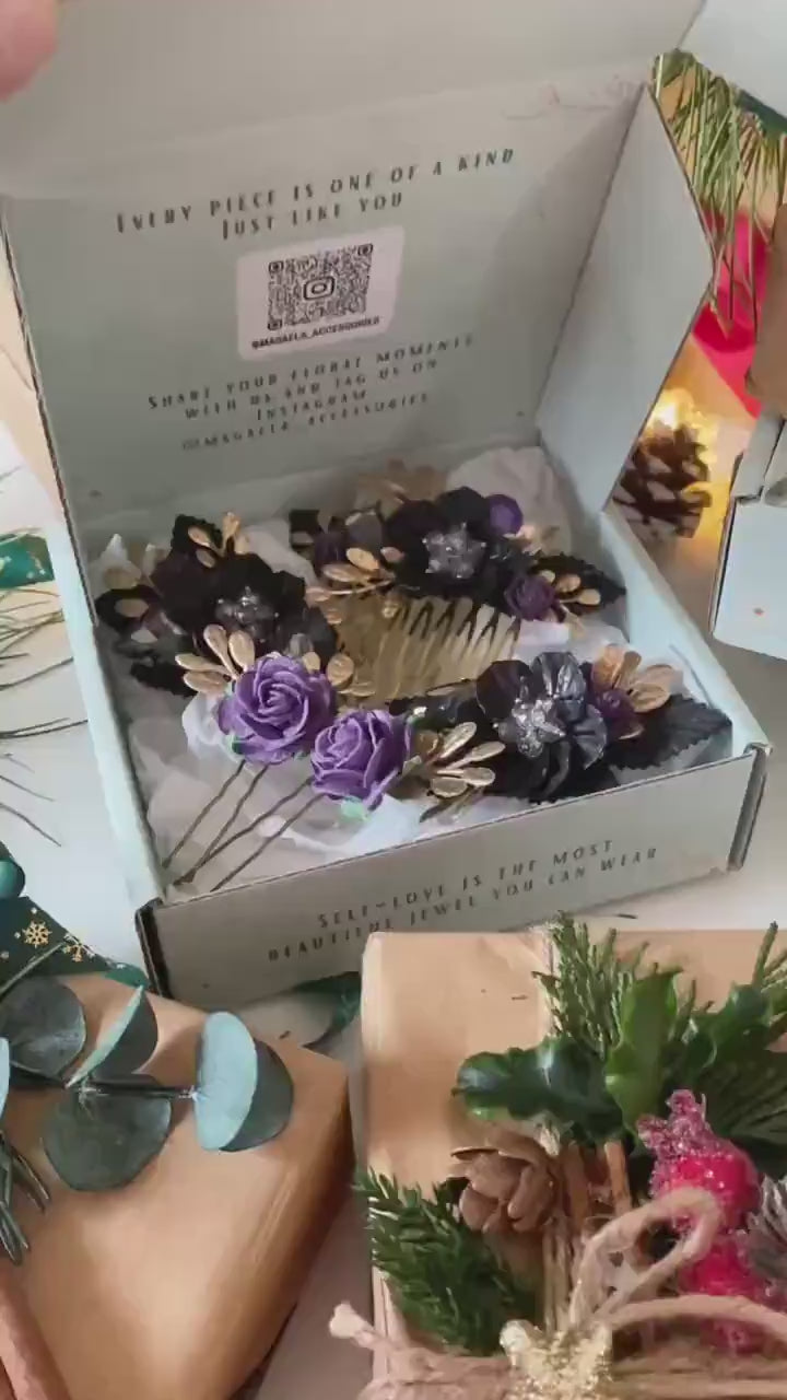 Handmade gift box "Taste of the night" - black and purple glamour hair comb, hairpins and shoes clips