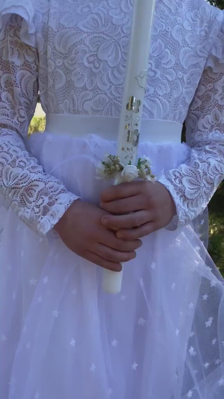 First Communion Candle Decoration: White Floral Wreath, Handmade