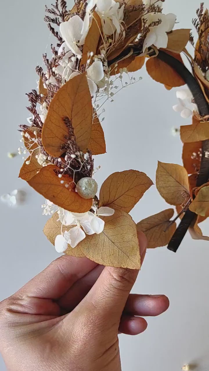 Autumn Bridal Crown: Dried Hydrangea Flower Headband, Rustic Boho Wedding