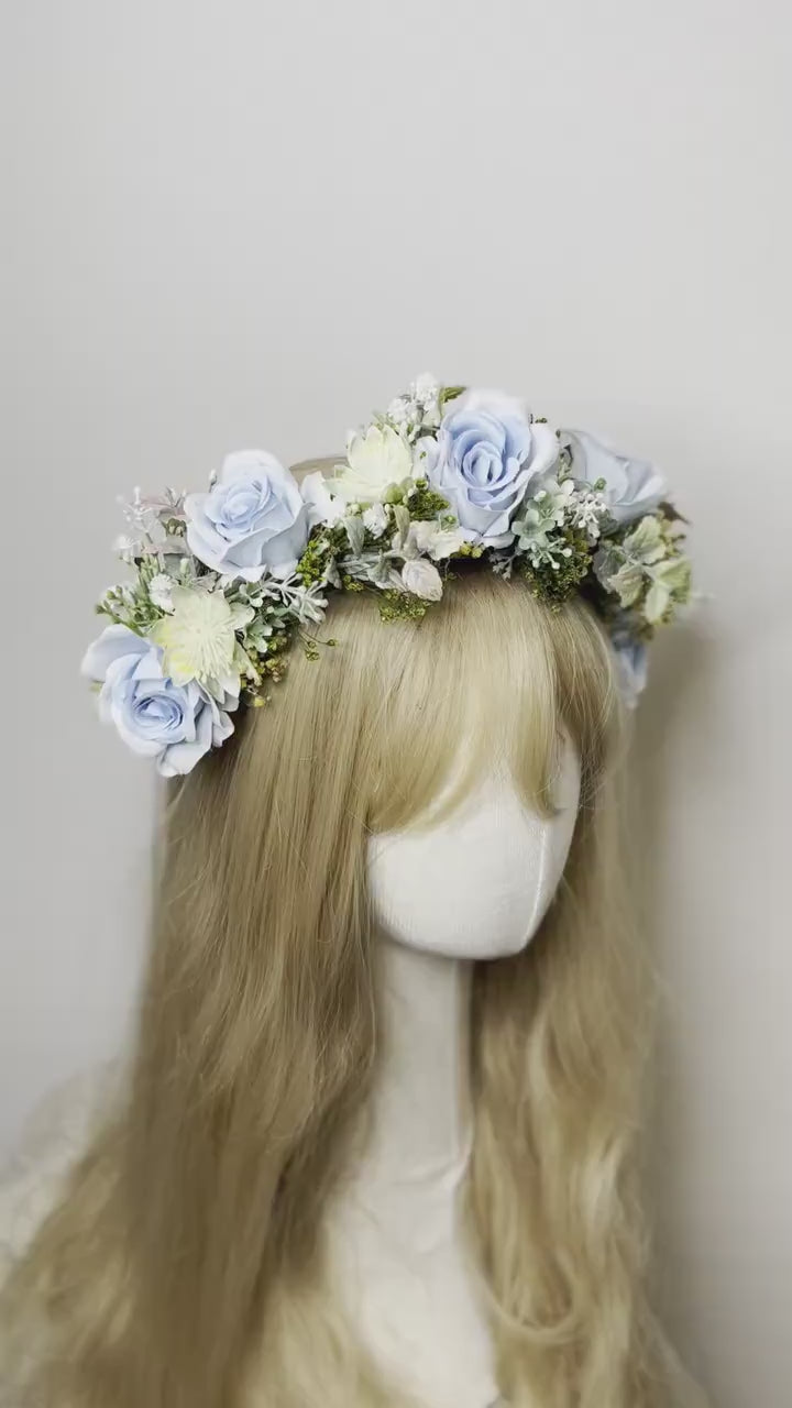 Blue Rose Half Wreath: Boho Bridal Flower Crown