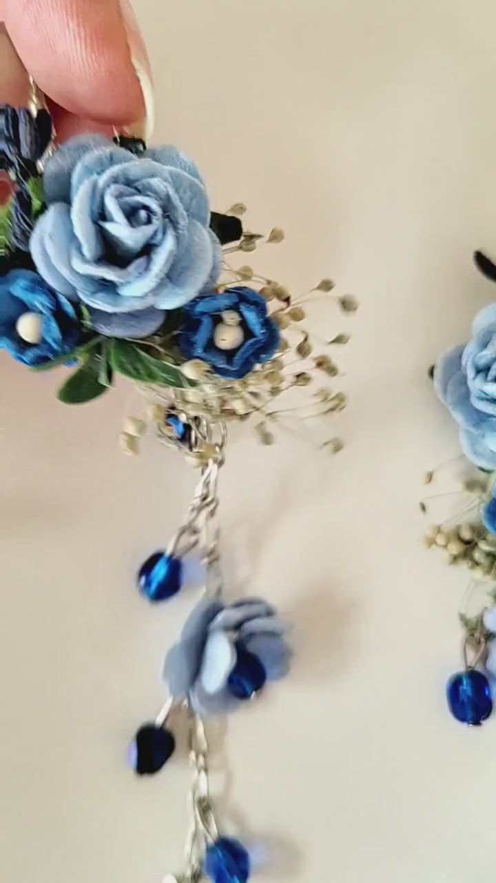 Long Blue Rose Bridal Earrings: Wedding Flower Jewelry