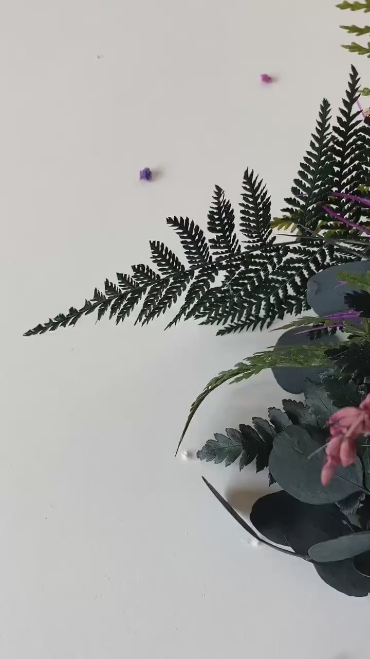 Purple Boho Bridal Bouquet: Fern & Roses, Garden Wedding