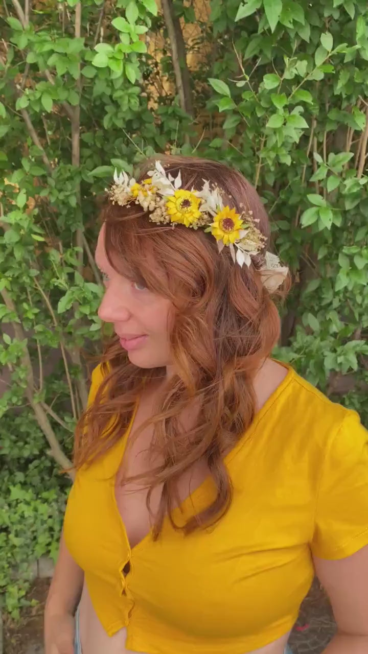 Sunflower Bridal Hair Crown: Ivory & Yellow Flower Wreath
