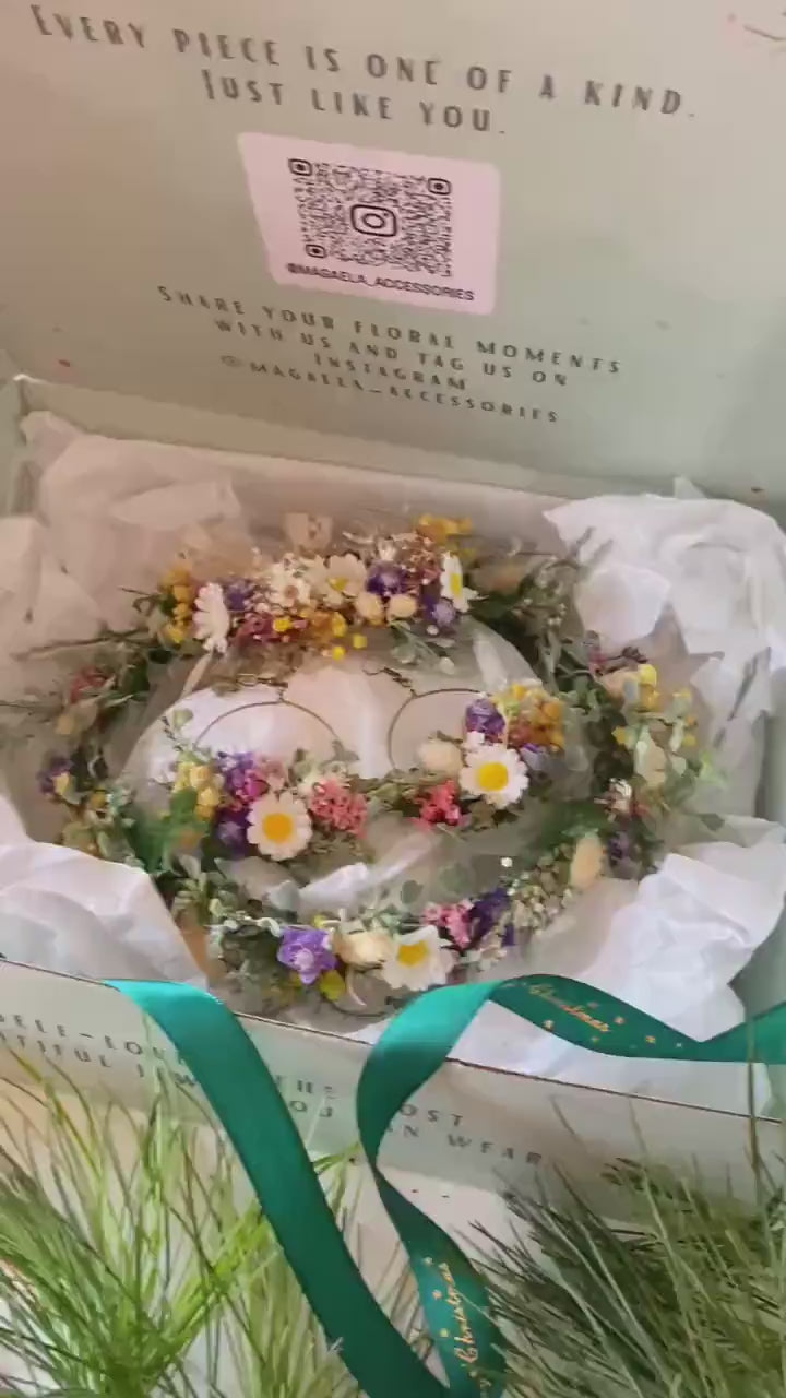 Handmade gift box "The first spring greeting" - wild flowers wreath, hair comb and earrings