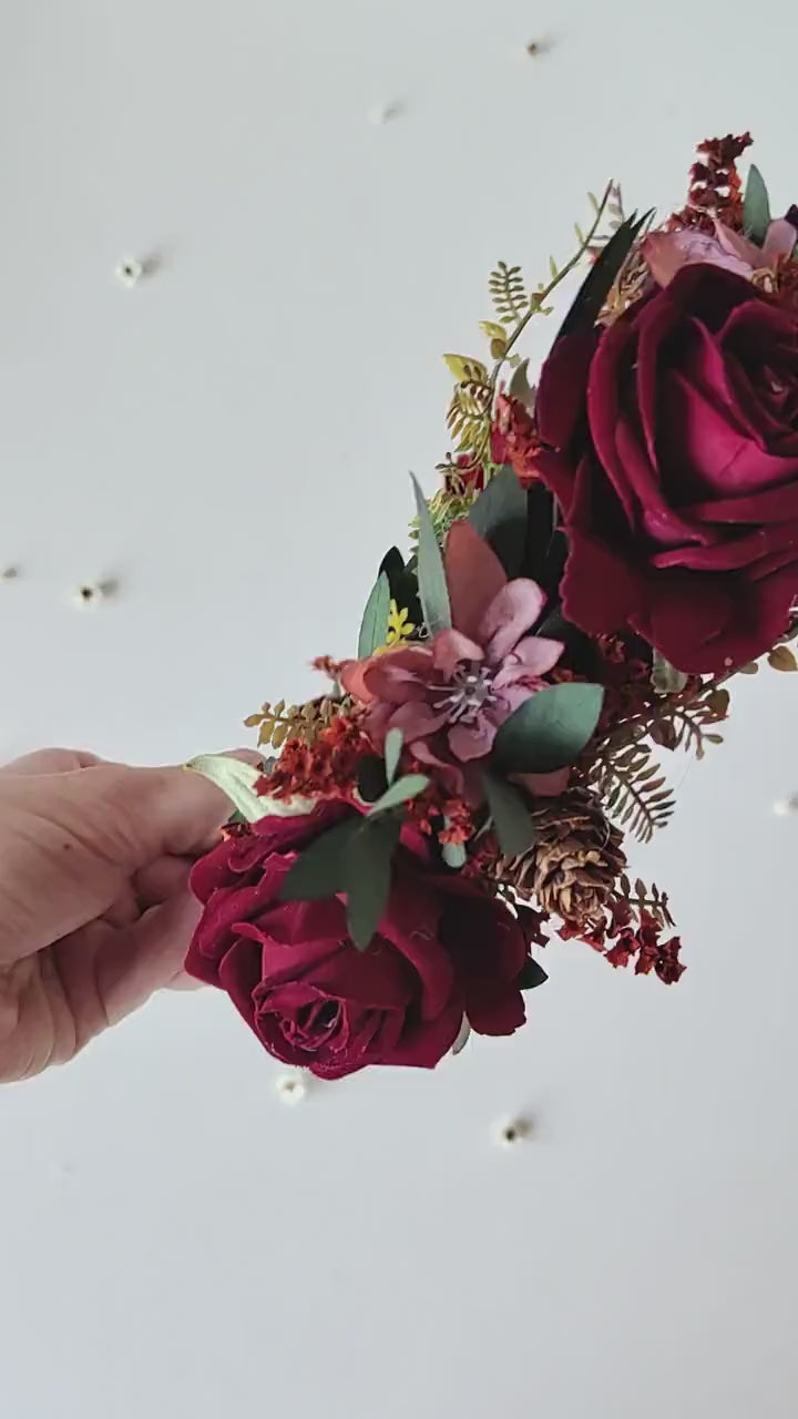 Burgundy Rose Wedding Half Wreath: Boho Bridal Hair Crown