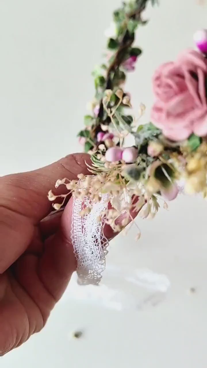 Pink Flower Hair Crown: Romantic Bridal Headpiece, Boho Wedding