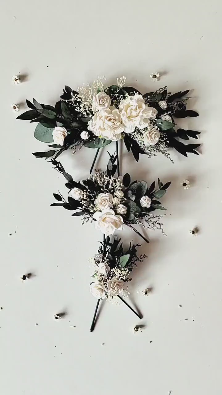 Eucalyptus Wedding Cake Toppers: White Roses & Baby's Breath Flower Set