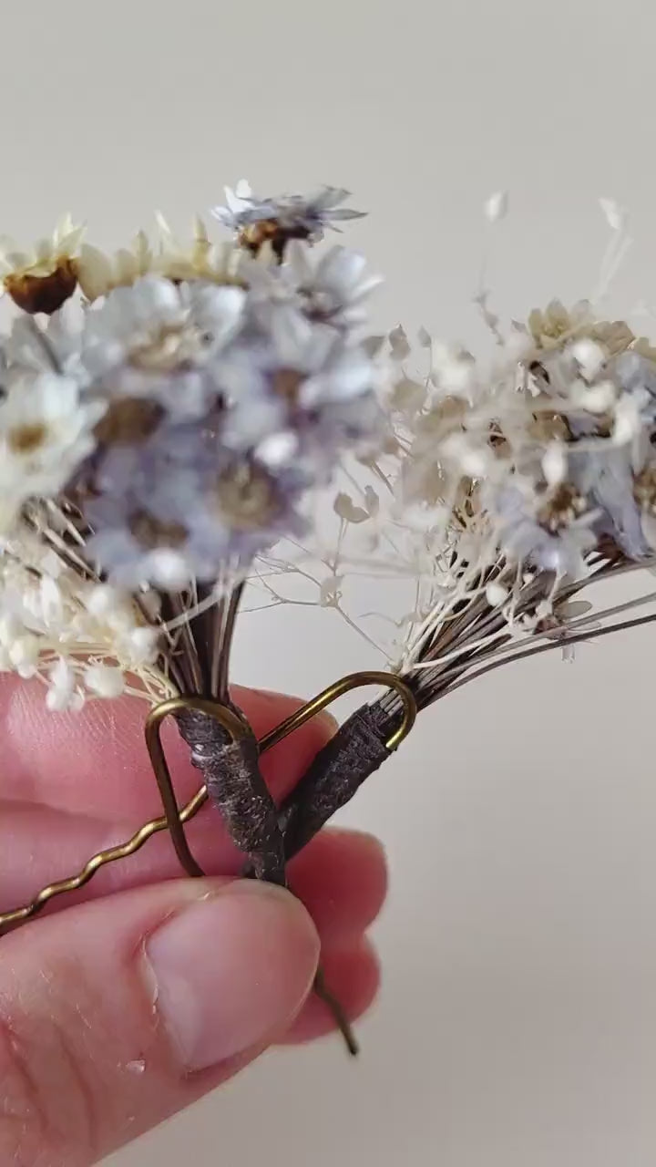 Blue & Ivory Dried Flower Hairpins: Wedding Bridal Hair Accessory