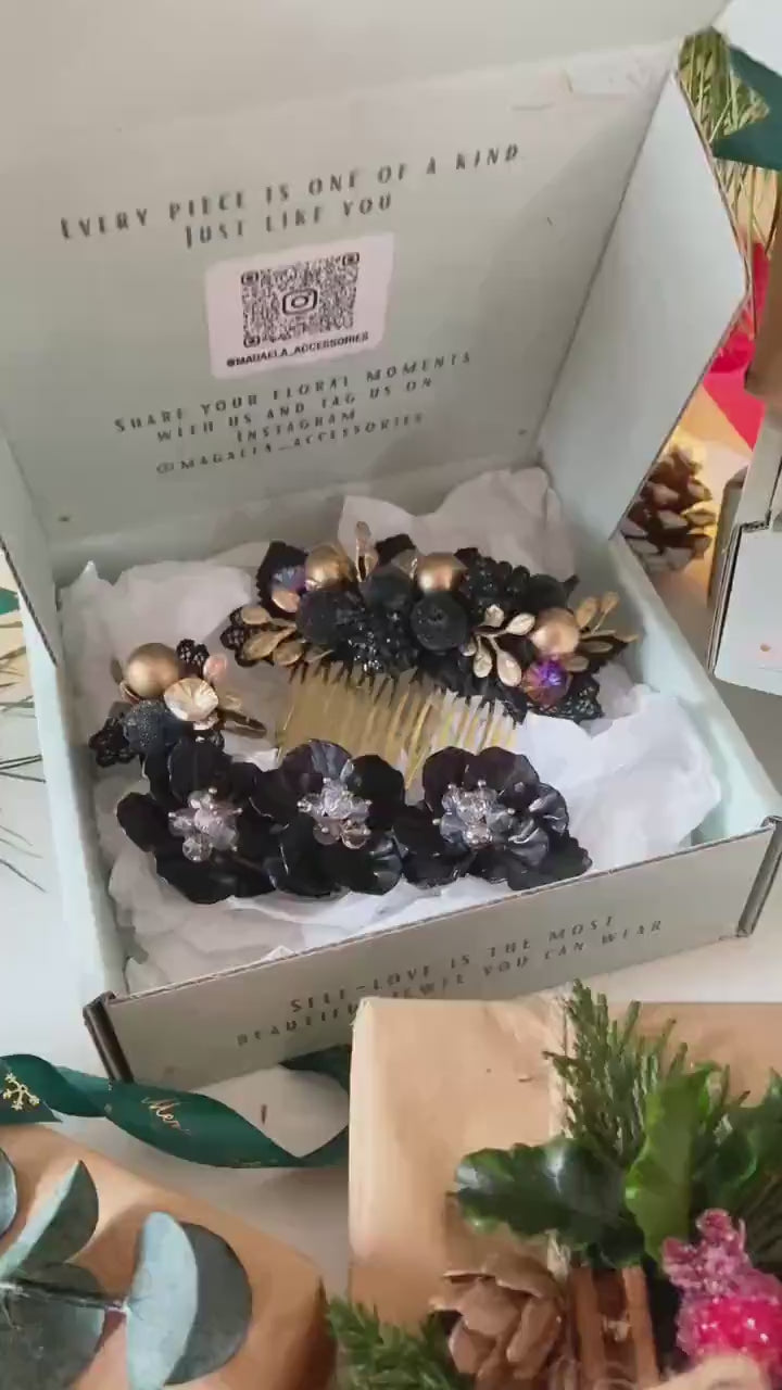 Handmade gift box "A night with the taste of blackberries" - glamour black and gold hair comb, ring and shoes clips