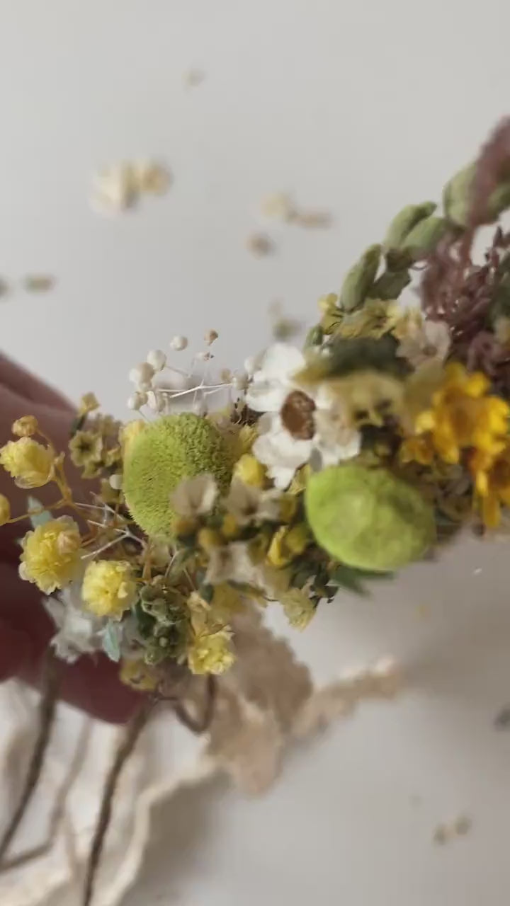 Rustic Flower Wedding Crown: Yellow Green Meadow Hair Wreath