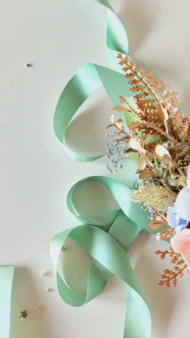 Mint Flower Bridal Belt: Pastel Wedding Dress Sash, Golden Leaves