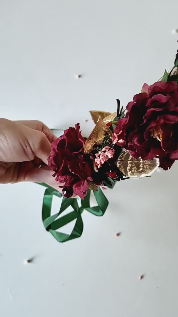 Autumn Flower Hair Wreath: Burgundy Boho Wedding Headpiece