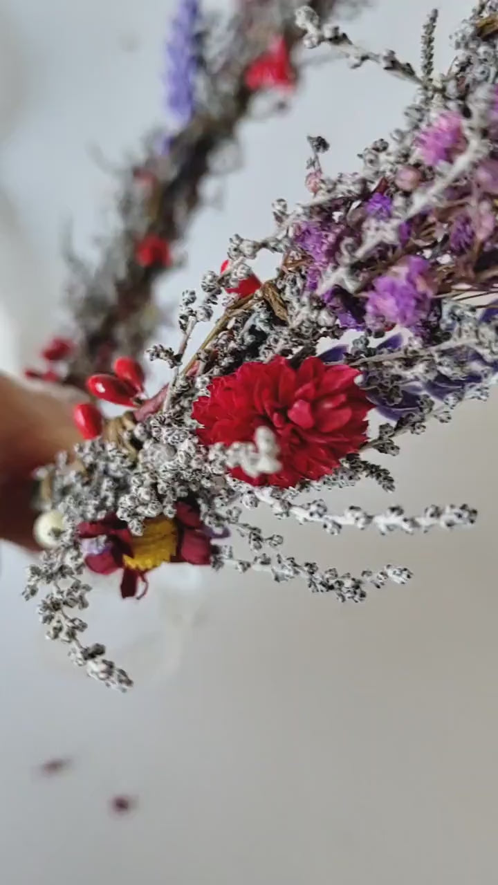 Meadow Flower Hair Crown: Red Purple Boho Wedding Headpiece