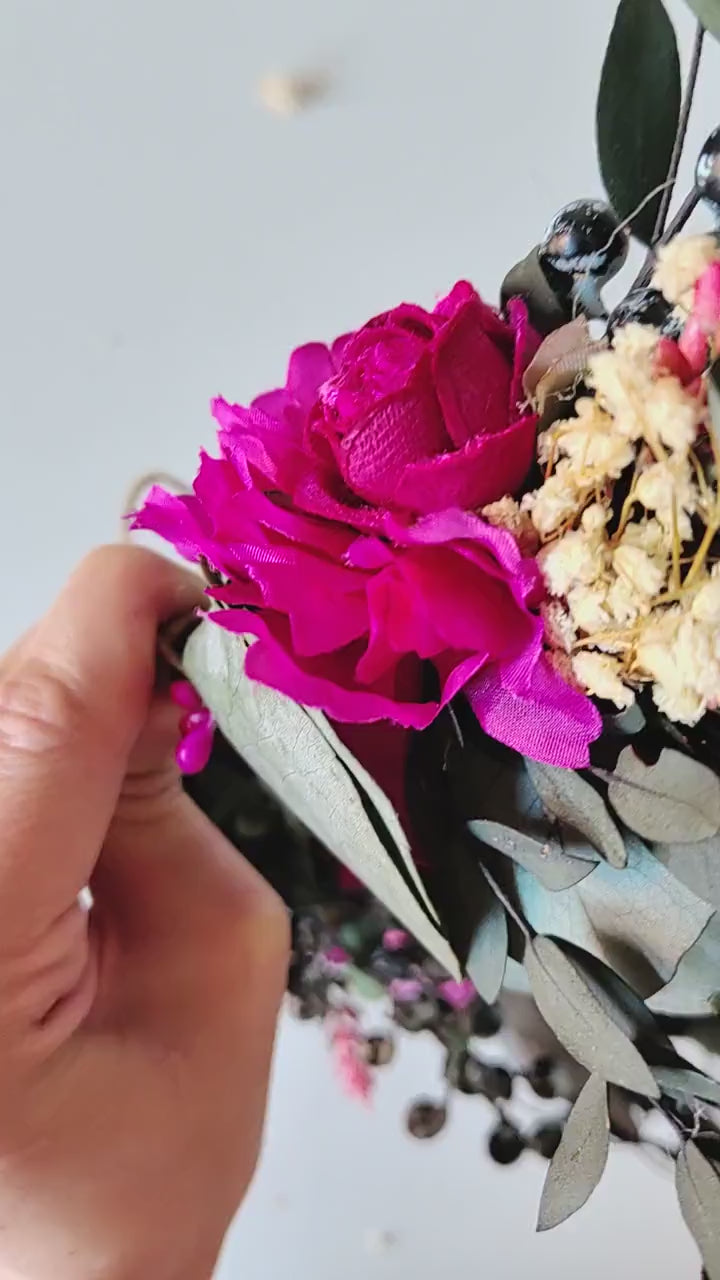 Magenta Flower Crown: Boho Wedding Hair Wreath with Blueberries