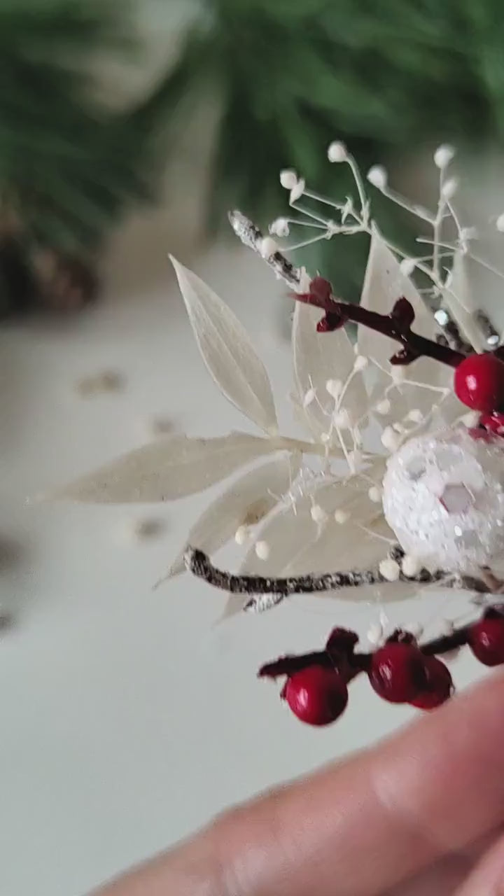 Red Berry Winter Bridal Hair Comb: White Rose Headpiece