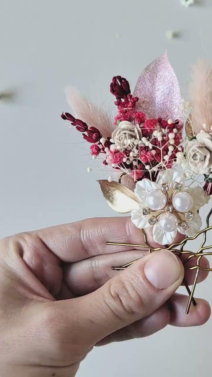Red and Gold Flower Hair Pins: Glam Wedding Hair Accessories