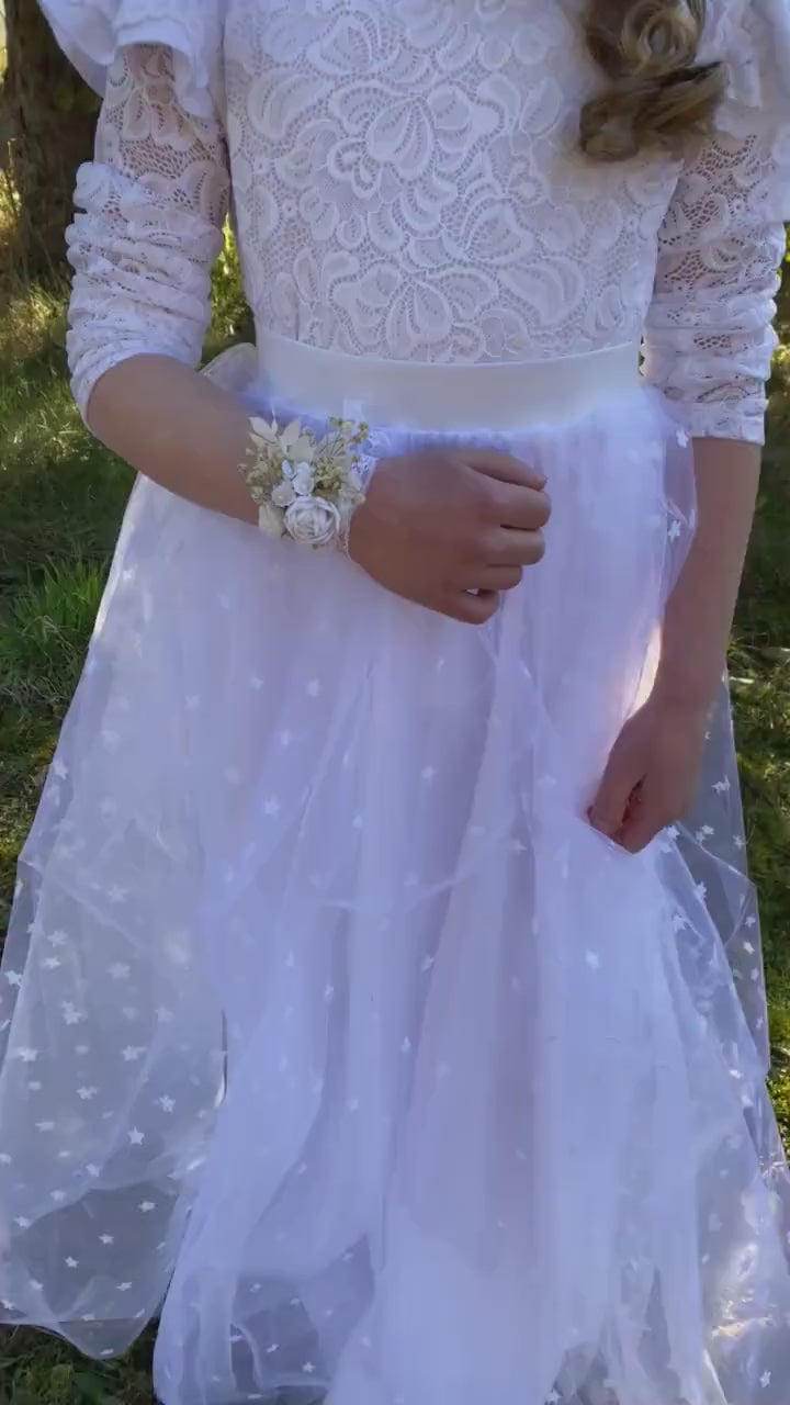 White Peony Flower Girl Bracelet: First Communion Wrist Corsage