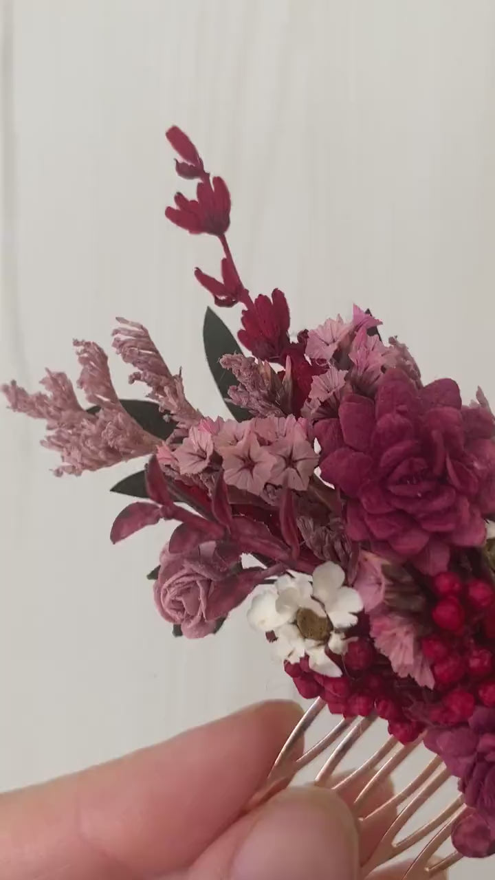 Burgundy Flower Hair Comb: Rustic Bridal Boho Wedding Accessory