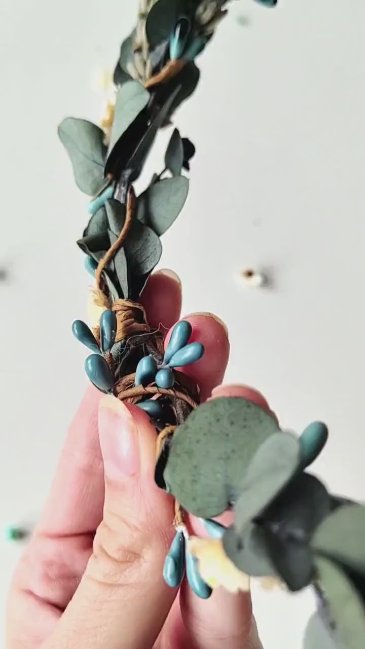 Blue Flower Bridal Hair Comb and Wreath: Boho Eucalyptus Set