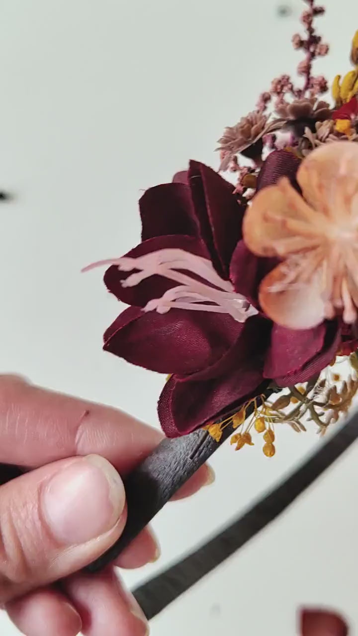 Autumn Flower Headband: Peony, Blackberries & Feathers