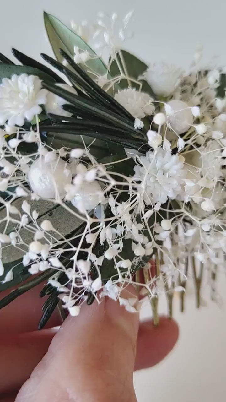 Bridal Flower Hair Comb: Greenery, Pearls, Ivory Wedding Hairpiece