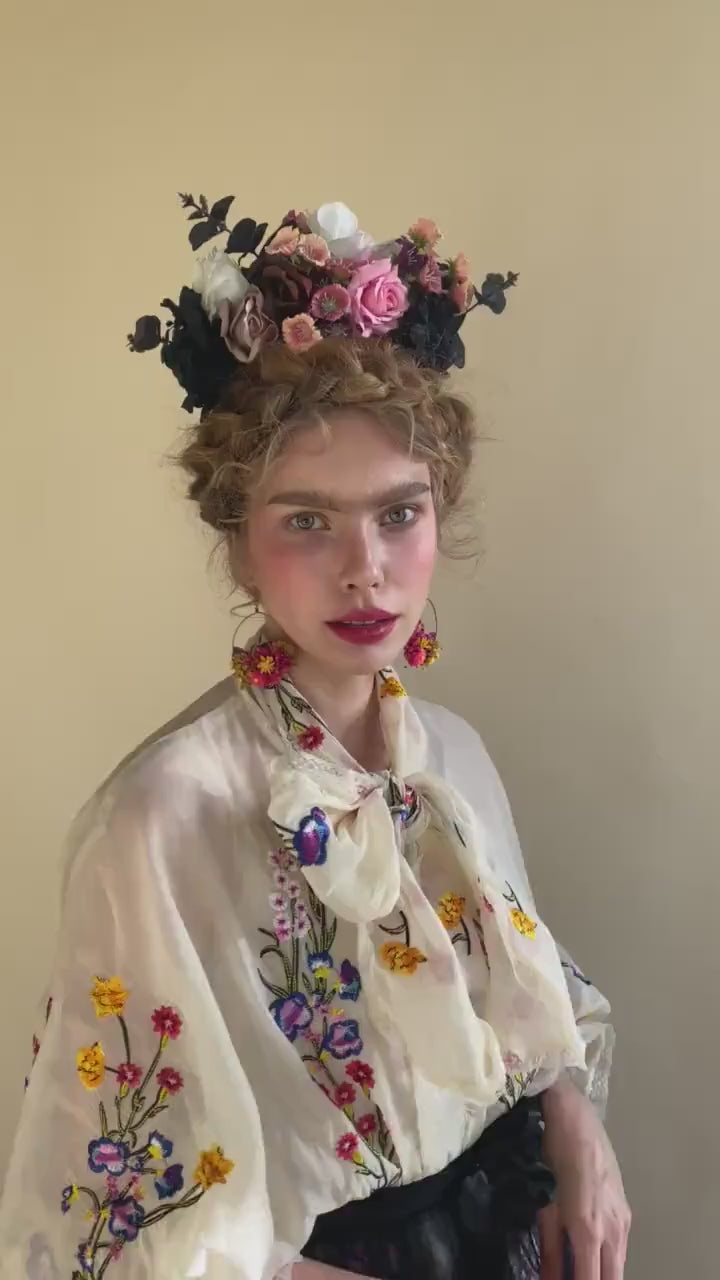 Frida Flower Crown: Black & Pink Rose Headband, Mexican Bridal Headpiece