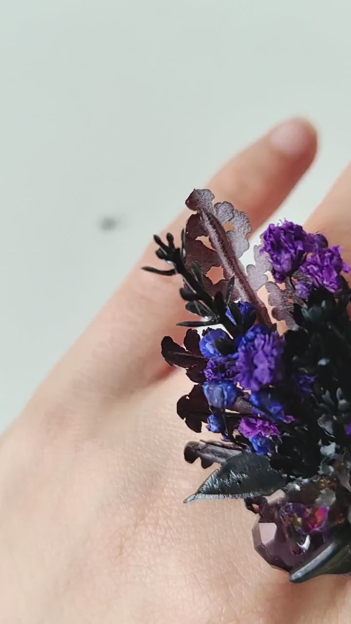 Purple Flower Ring: Gothic Wedding Jewelry, Adjustable Boho Ring