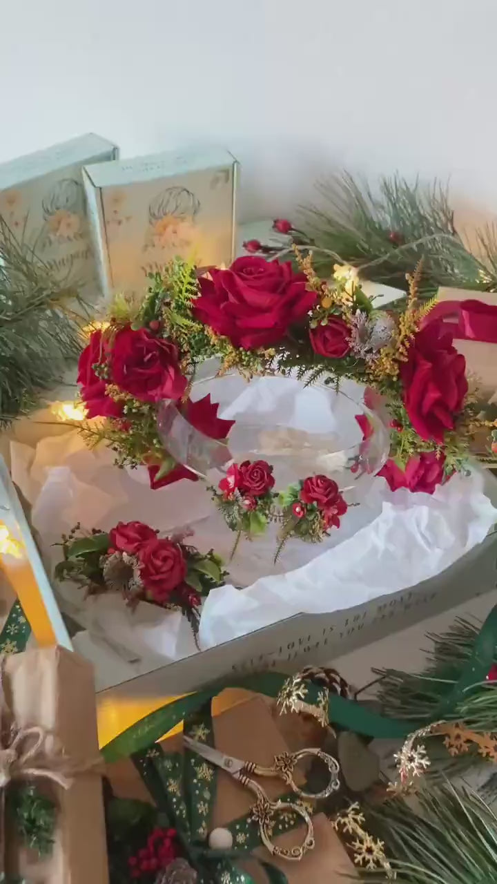 Red flower hair wreath, clip & earrings “A Legend of Passion” | Christmas gift for her | Winter wedding accessory