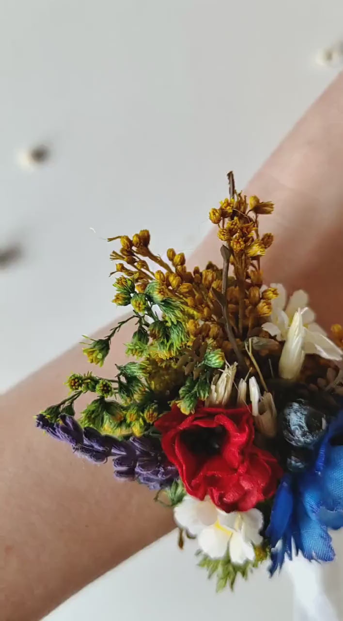 Meadow Flower Wedding Wrist Corsage: Forget-Me-Nots & Poppy