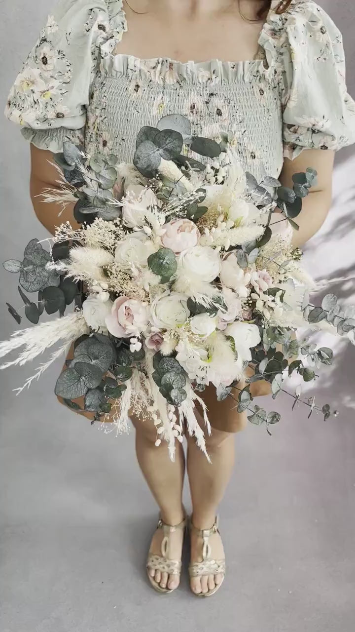 Blush Ivory Boho Wedding Bouquet: Pampas Grass & Eucalyptus